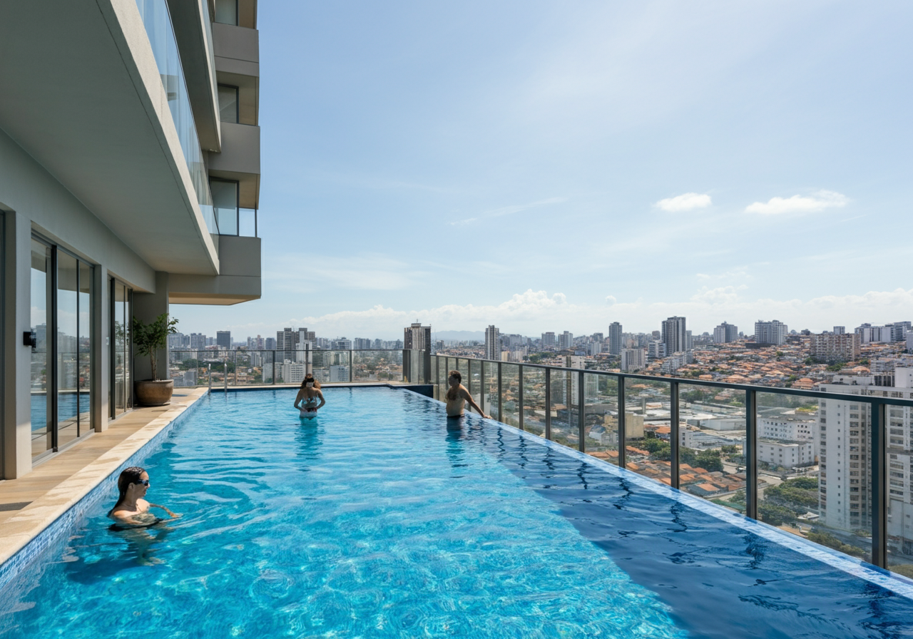 Moradores aproveitando a piscina do condomínio no terraço com vista para cidade 