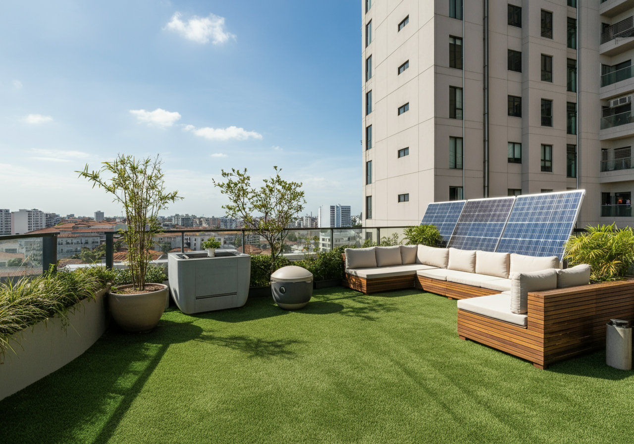 terraço de condomínio com bastante área verde, paineis solares
